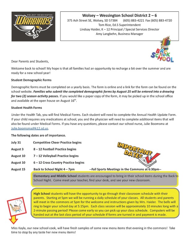 Back to School Letter WolseyWessington School District