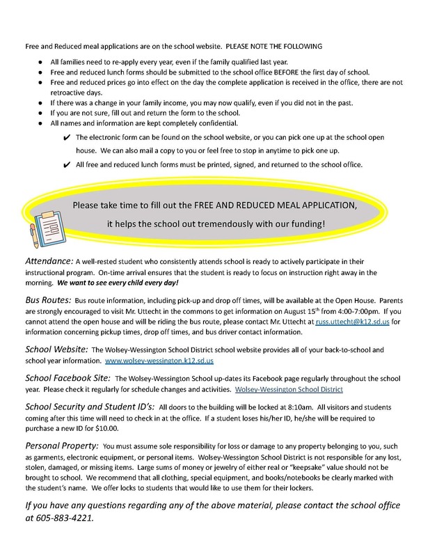 Back to School Letter WolseyWessington School District